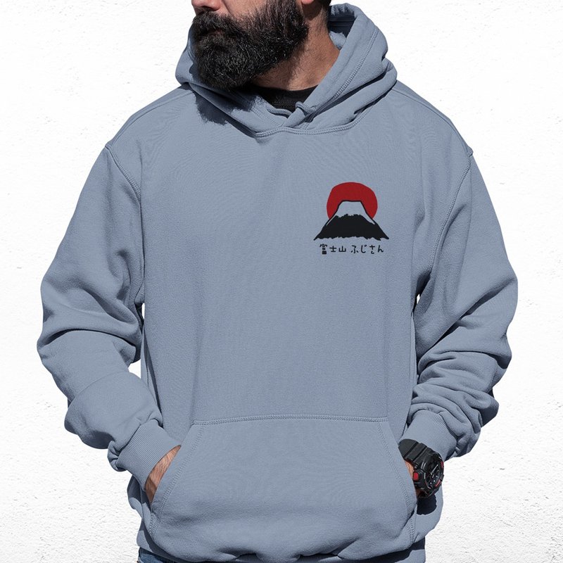 Pocket Mt Fuji star gray unisex hoodie sweatshirt - เสื้อฮู้ด - ผ้าฝ้าย/ผ้าลินิน สีเทา