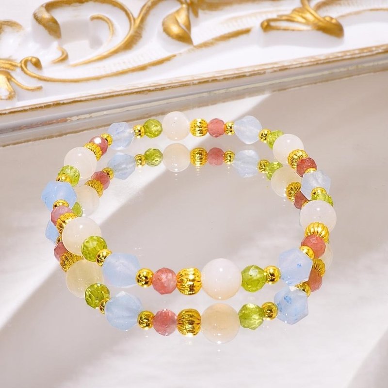 Colorful Afternoon Tea/White Moonlight Aquamarine Ruby Tourmaline Stone/Natural Crystal Bracelet/Taste of Happiness - สร้อยข้อมือ - คริสตัล 