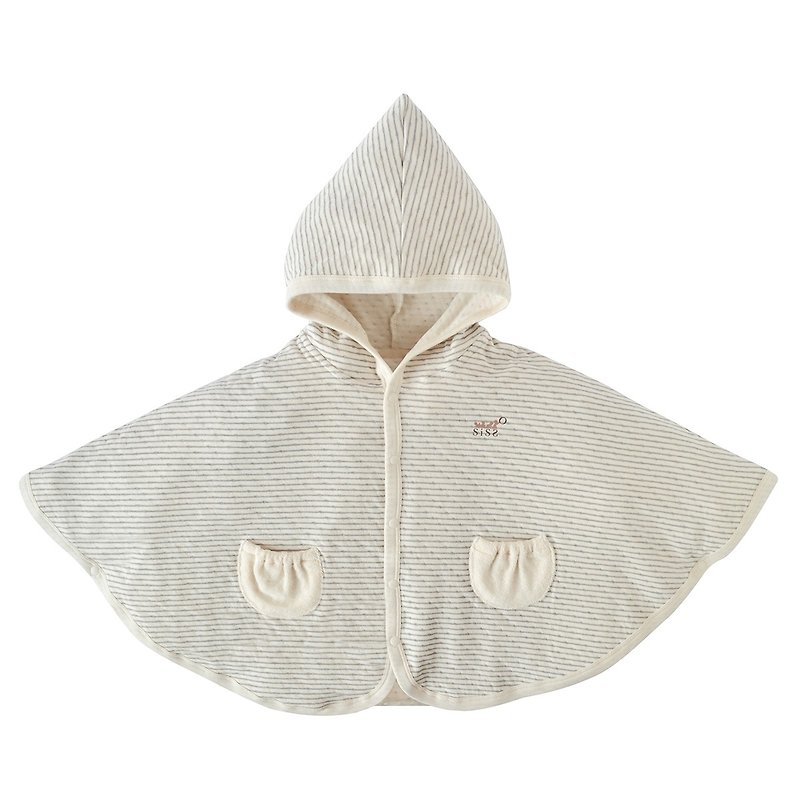 [SISSO organic cotton] Gray striped double woven elf cape - เสื้อโค้ด - ผ้าฝ้าย/ผ้าลินิน ขาว