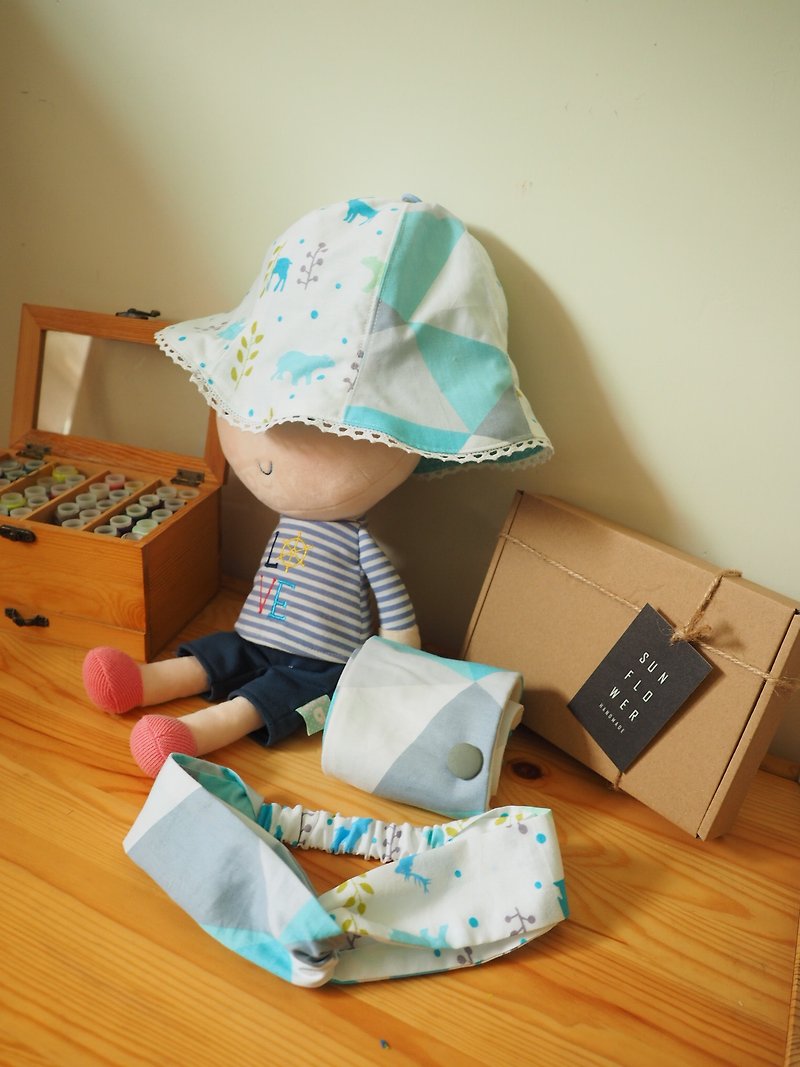 手作北歐簡約風藍色北極動物圖案嬰兒/小童帽子,保暖圍巾及髮帶套裝 - 彌月禮盒 - 棉．麻 藍色