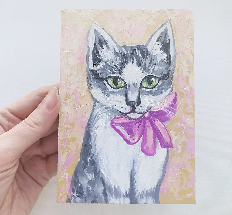 猫のアート動物インパストオリジナルアートの子猫の絵画油絵の肖像画 - ウォールデコ・壁紙 - その他の素材 ピンク
