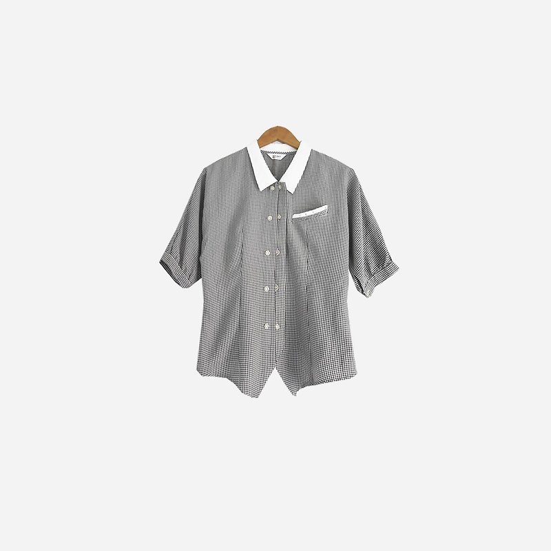 Dislocated vintage / double-breasted black and white plaid shirt no.658 vintage - เสื้อเชิ้ตผู้หญิง - วัสดุอื่นๆ สีดำ