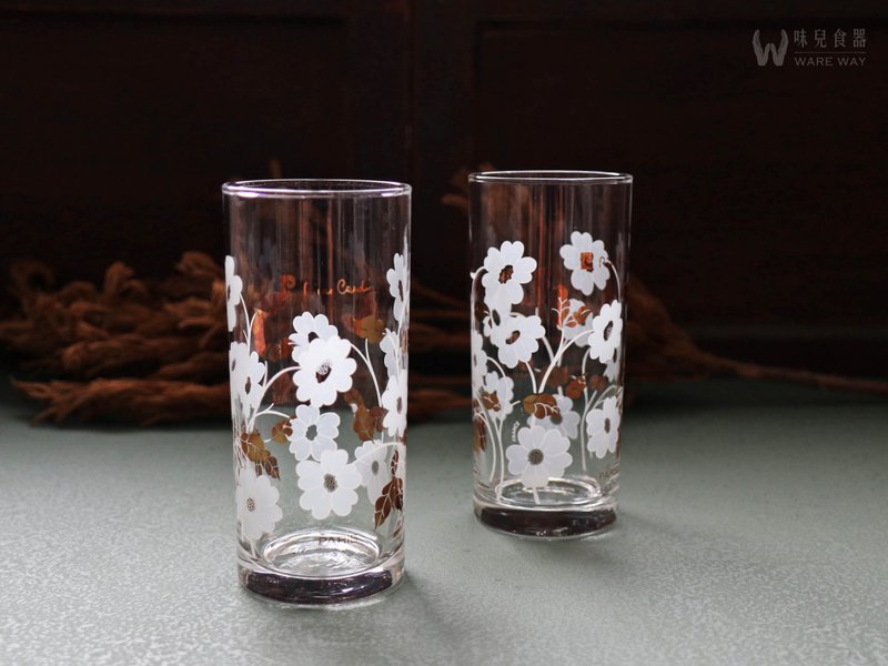 早期水杯－白色花園 (舊物/老件/玻璃/印花/典雅/直筒) - 玻璃杯 - 玻璃 白色