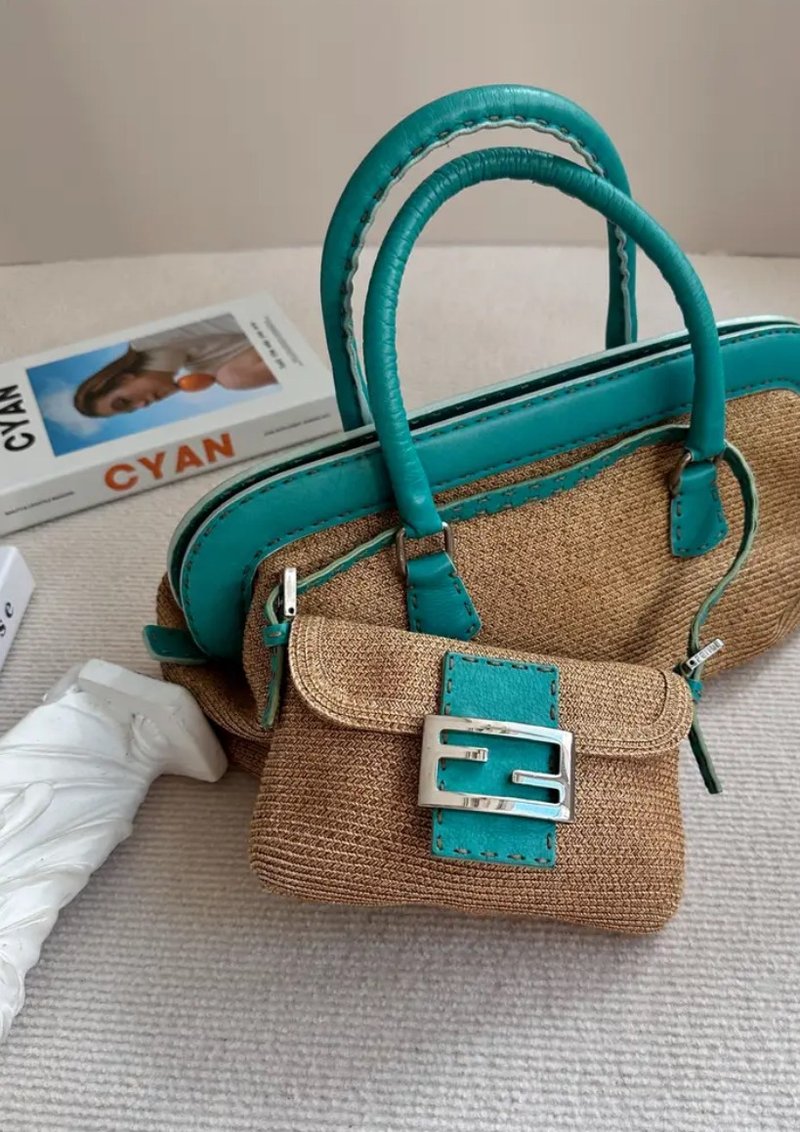 中古包 Fendi Tiffany 草編藤面 twins bag - 手提包/手提袋 - 真皮 藍色