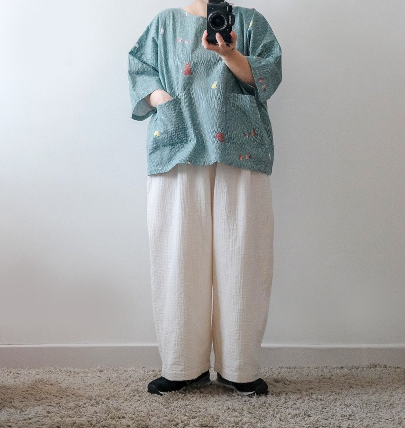 燕麥米皺皺直筒寬褲 - 女長褲 - 棉．麻 白色