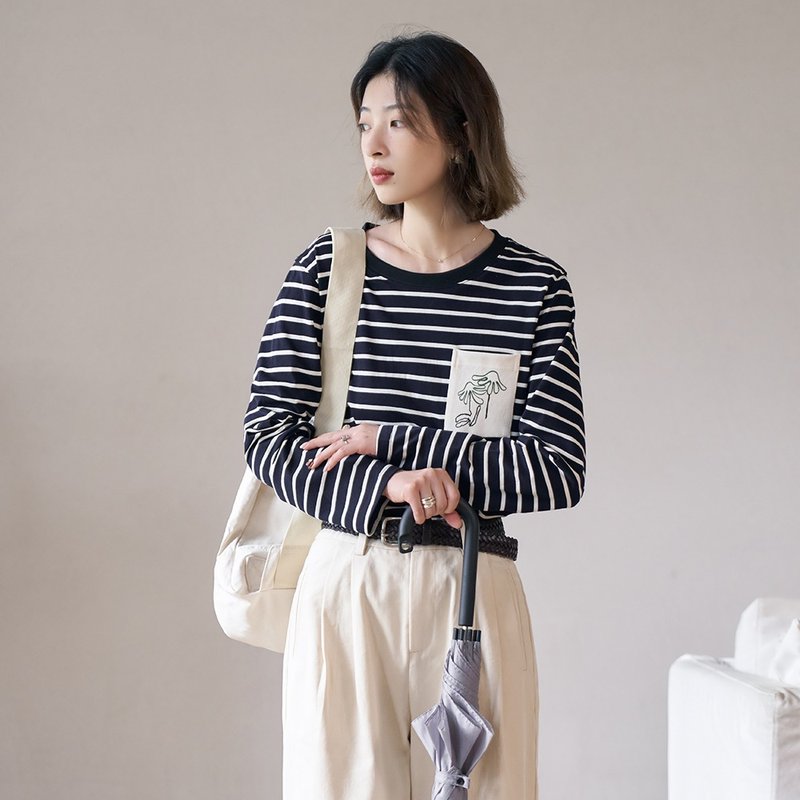 條紋印花長袖T恤|T恤|兩色|兩色|夏秋款|Sora-1279 - 女 T 恤 - 棉．麻 多色