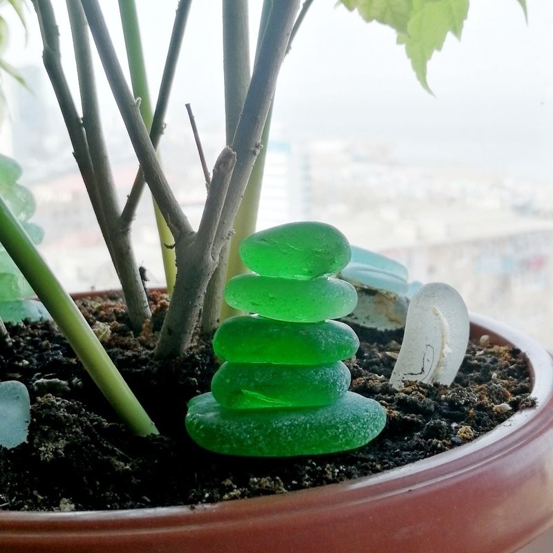 Plants decor Sea glass stack/Art glass for home decor/Gardener gift/Interior - 其他 - 玻璃 綠色