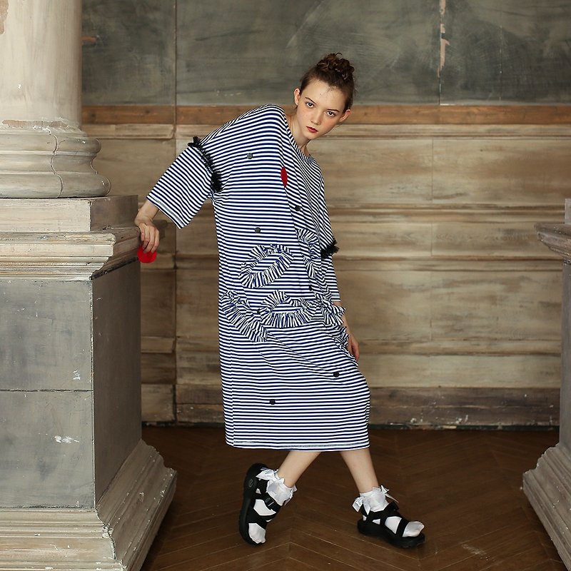 Blue and white stripe seven-point sleeve dress flower dress - imakokoni - ชุดเดรส - ผ้าฝ้าย/ผ้าลินิน สีน้ำเงิน