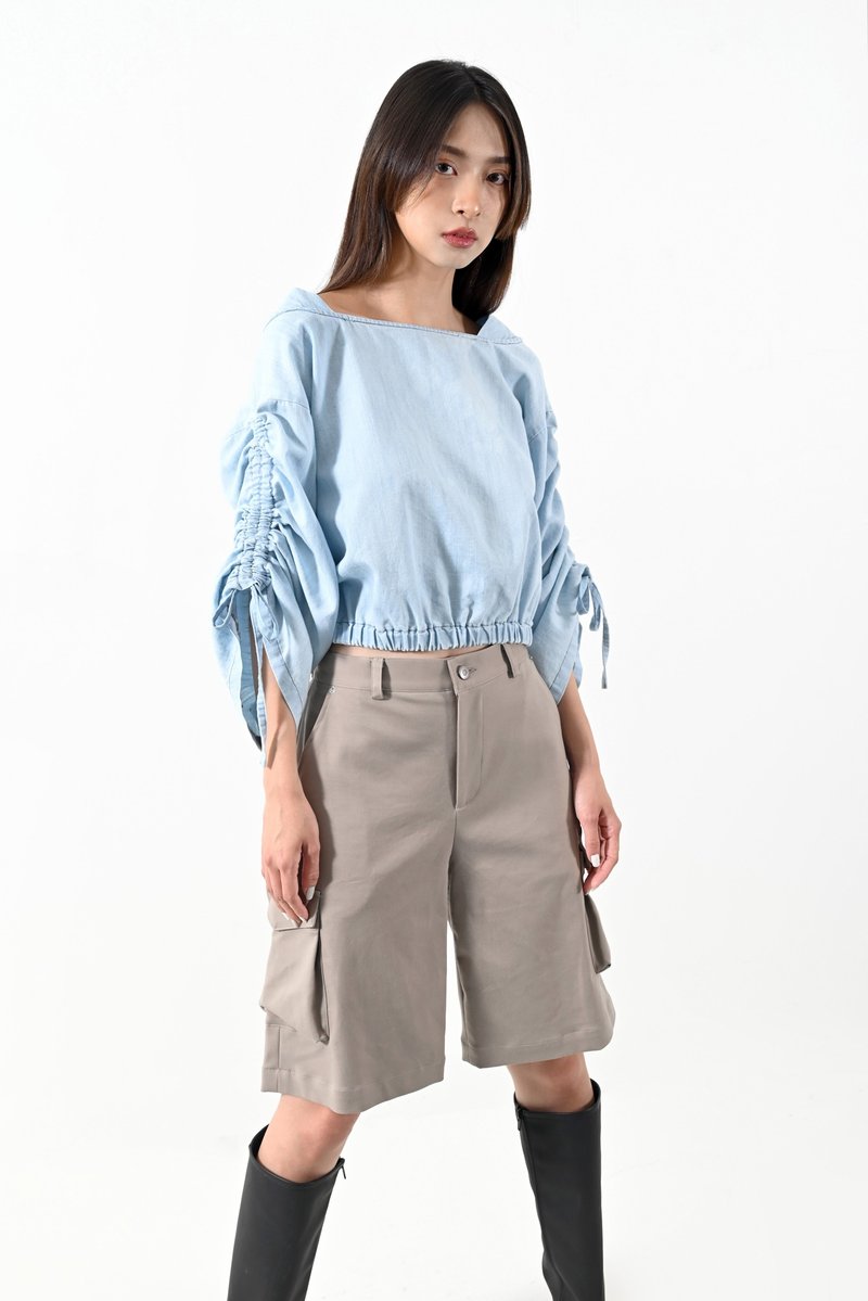 Shan Yong boat neck wide sleeve drawstring thin denim top (two colors) - Women's Tops - Cotton & Hemp 