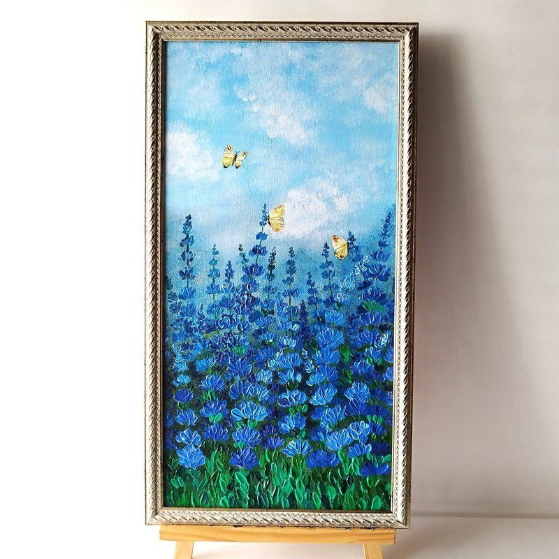 Landscape blue flowers and butterflies hanging painting Nature painting art 牆面裝飾 - 壁貼/牆壁裝飾 - 壓克力 藍色