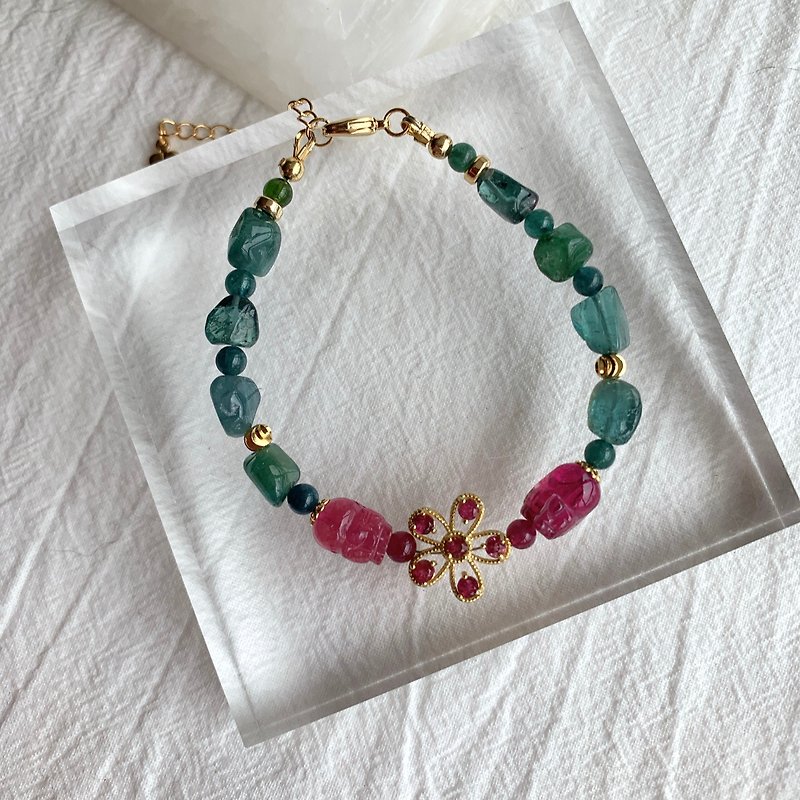 Rare Color Collection | Ruby red pixiu tourmaline blue raw stone design bracelet - Bracelets - Semi-Precious Stones Multicolor
