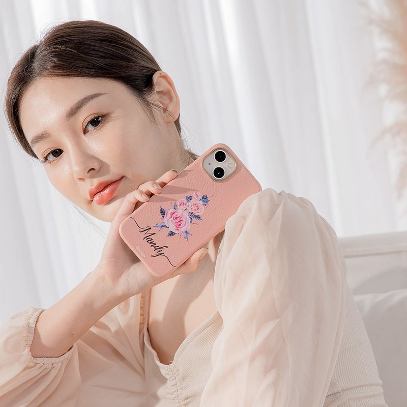 專情玫瑰 蜜荔殼 蜜荔粉天然皮革殼 - iPhone客製化手機殼 - 手機殼/手機套 - 真皮 粉紅色