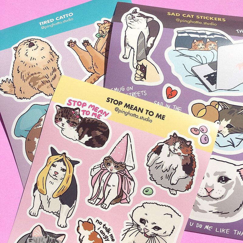 สติกเกอร์แผ่น ลาย มีมแมว น่ารัก มีหลายลาย Sad Tired and Mean Sticker Sheet - สติกเกอร์ - พลาสติก 