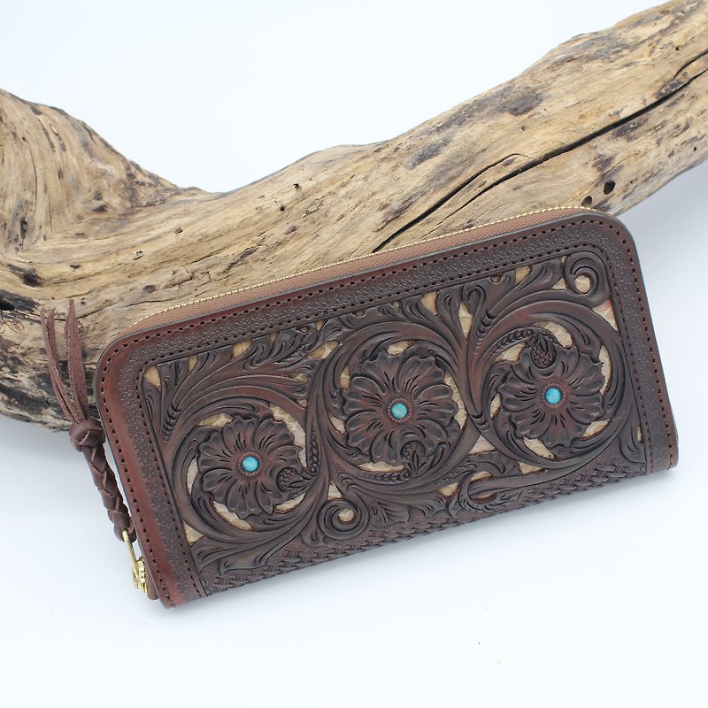 Carving Wallet NoahGrandFiligree(Brown) Made in JAPAN craft Turquoise basket - กระเป๋าสตางค์ - หนังแท้ สีนำ้ตาล