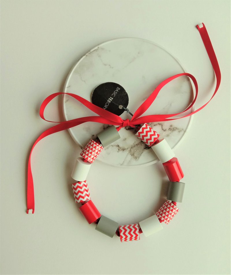 Paper art necklace_Bright and bright red and white beads_Pallotola_XL beaded long chain free shipping - สร้อยคอ - กระดาษ สีแดง