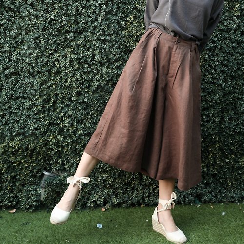 Candith Natural Linen Pants with Wide Leg Details - Chocolate Brown