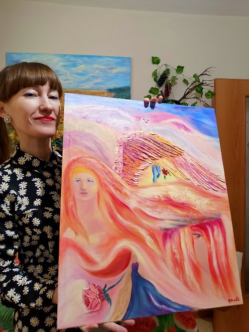 Original oil painting artist Svinar Oksana Angels Art Intuitive Oil Painting Original Woman Man Love Framed Svinar Oksana