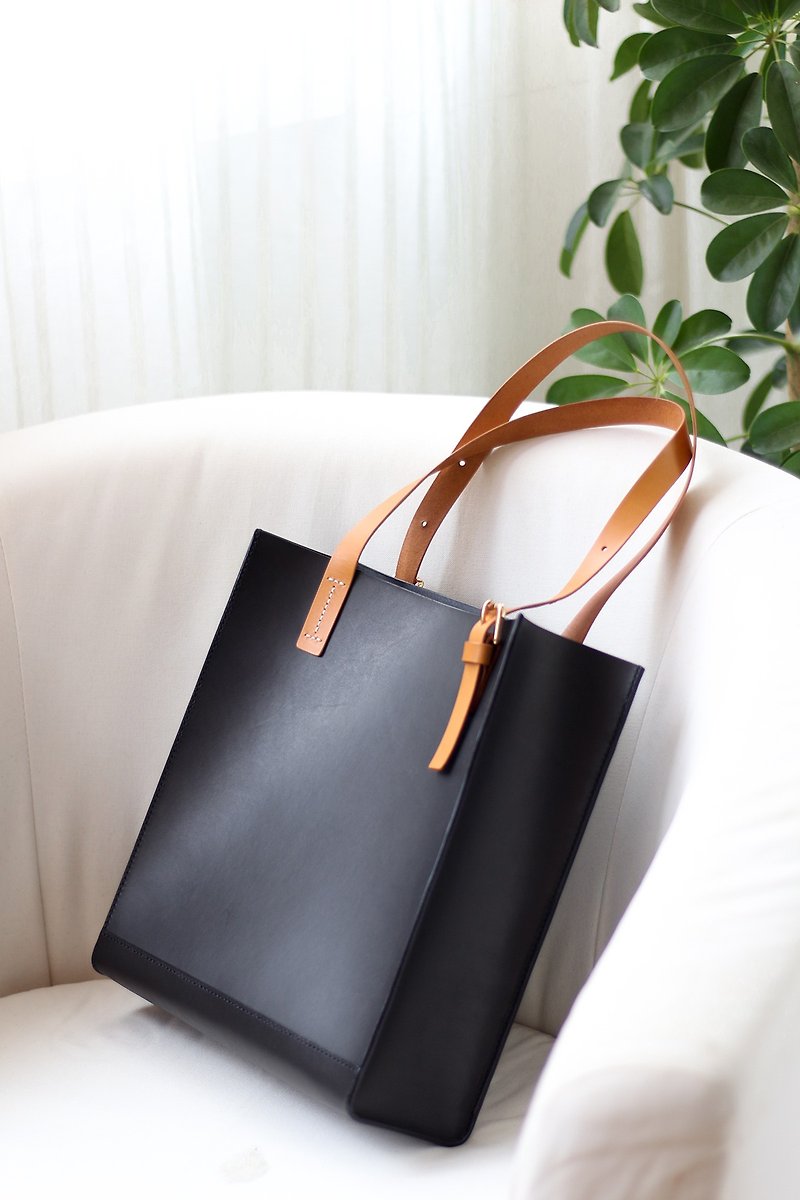 Handmade vegetable tanned cowhide black tote bag - Handbags & Totes - Genuine Leather 