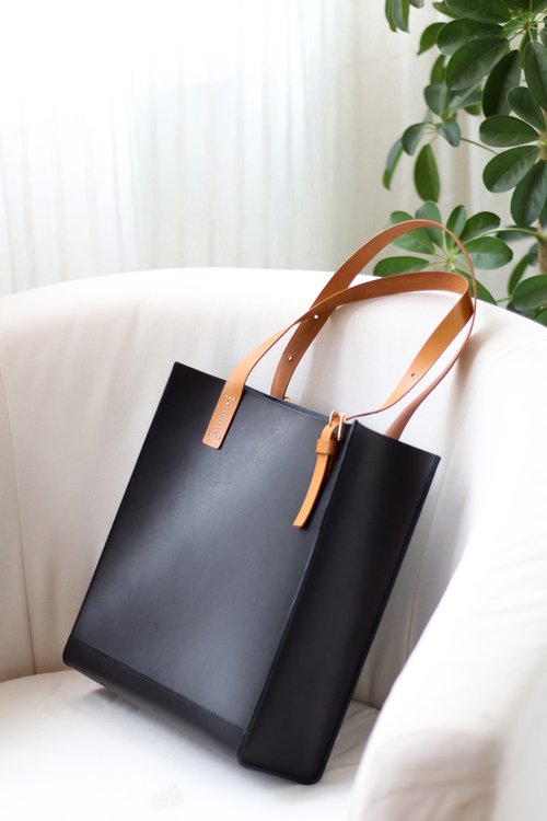 葉愛生活手工皮具 手作 植鞣牛皮 黑色 托特包 tote bag