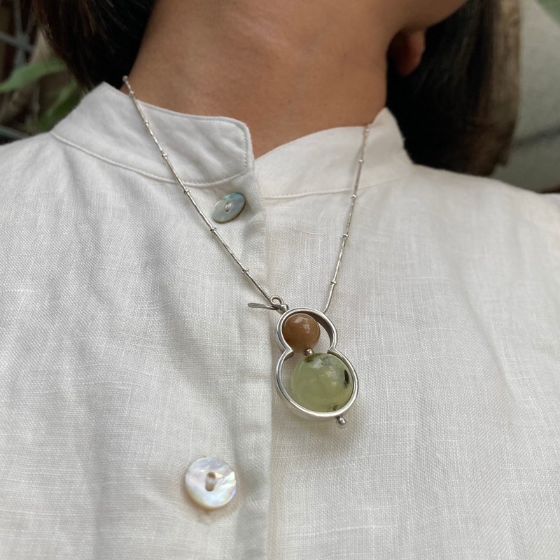 Sterling silver handmade gourd pendant necklace~blessing/small round hair crystal and large round Stone, happiness - Necklaces - Sterling Silver 