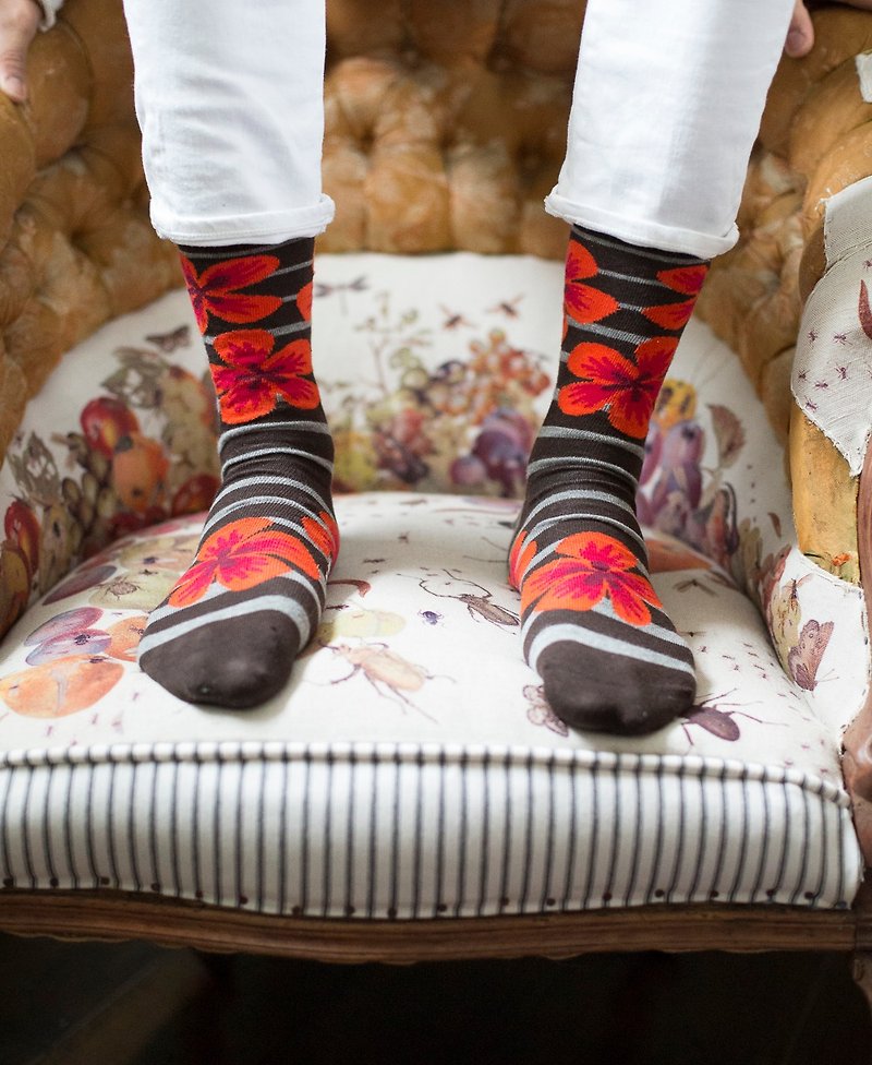 MrD London 英倫紳士襪 – 異國花卉 – 咖啡 - 西裝襪/紳士襪 - 棉．麻 咖啡色