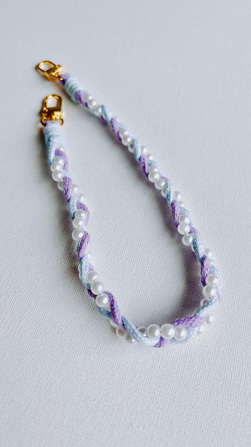紫藍珍珠編織 手機背帶手機掛繩手機殼防摔 - 手機配件 - 棉．麻 紫色