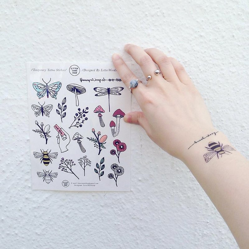 自然のタトゥーステッカー/花、トンボ、蝶、ミツバチ、キノコ - タトゥーシール - 紙 