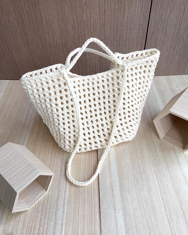 手作り木綿織り角底穴袋/ハンドバッグ/ショルダーバッグ/兼用バッグ - トート・ハンドバッグ - コットン・麻 ホワイト