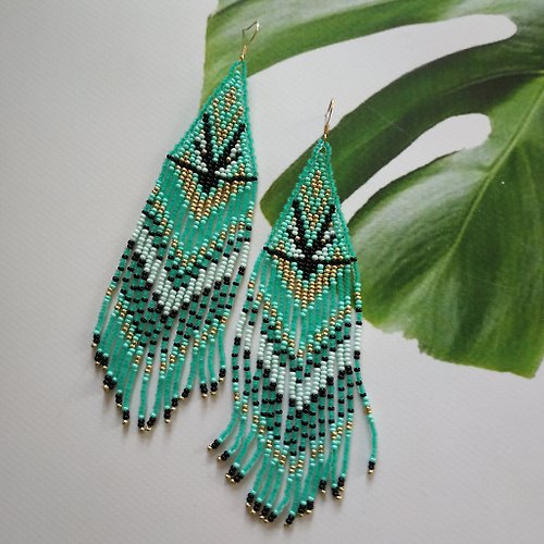 White Bird gallery of exquisite jewelry from Halyna Nalyvaiko Extra long green beaded earrings with fringe Green dangle earrings long earrings