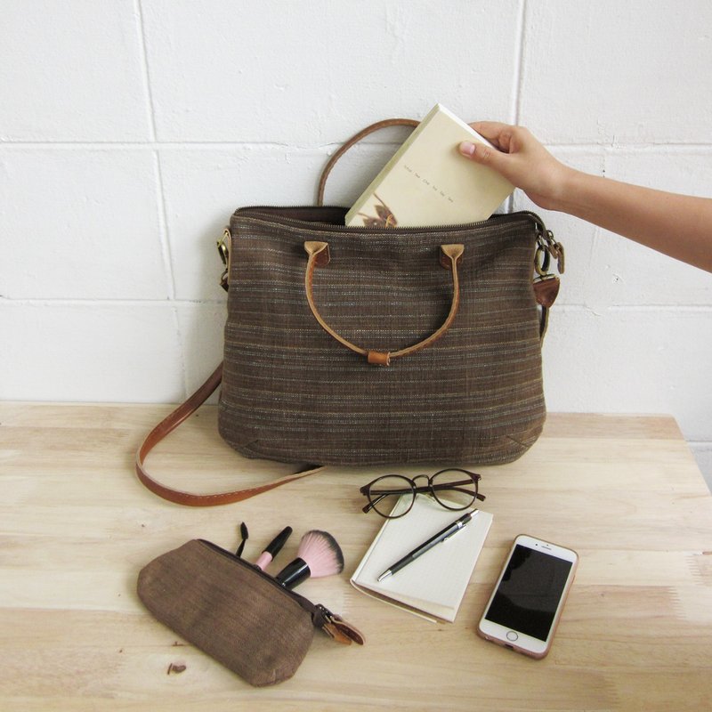 Crossbody Curve Bags Hand woven and Botanical Dyed Cotton Brown-Blue Color - Messenger Bags & Sling Bags - Cotton & Hemp Brown