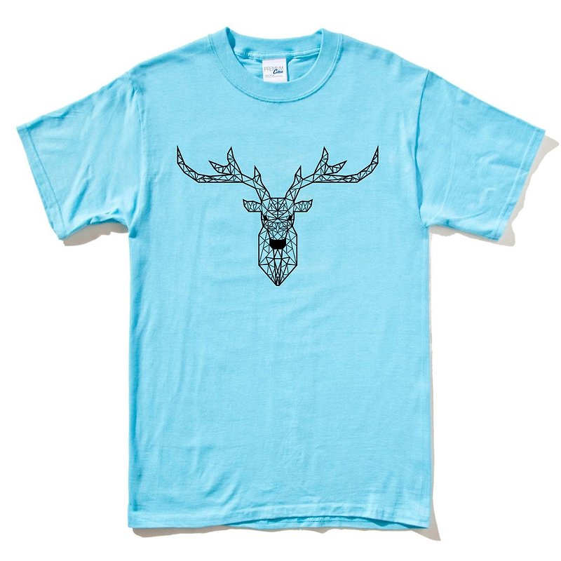 Deer Geometric short-sleeved T-shirt sky blue geometric deer universe design self-made brand Milky Way trendy round triangle - Men's T-Shirts & Tops - Cotton & Hemp Blue