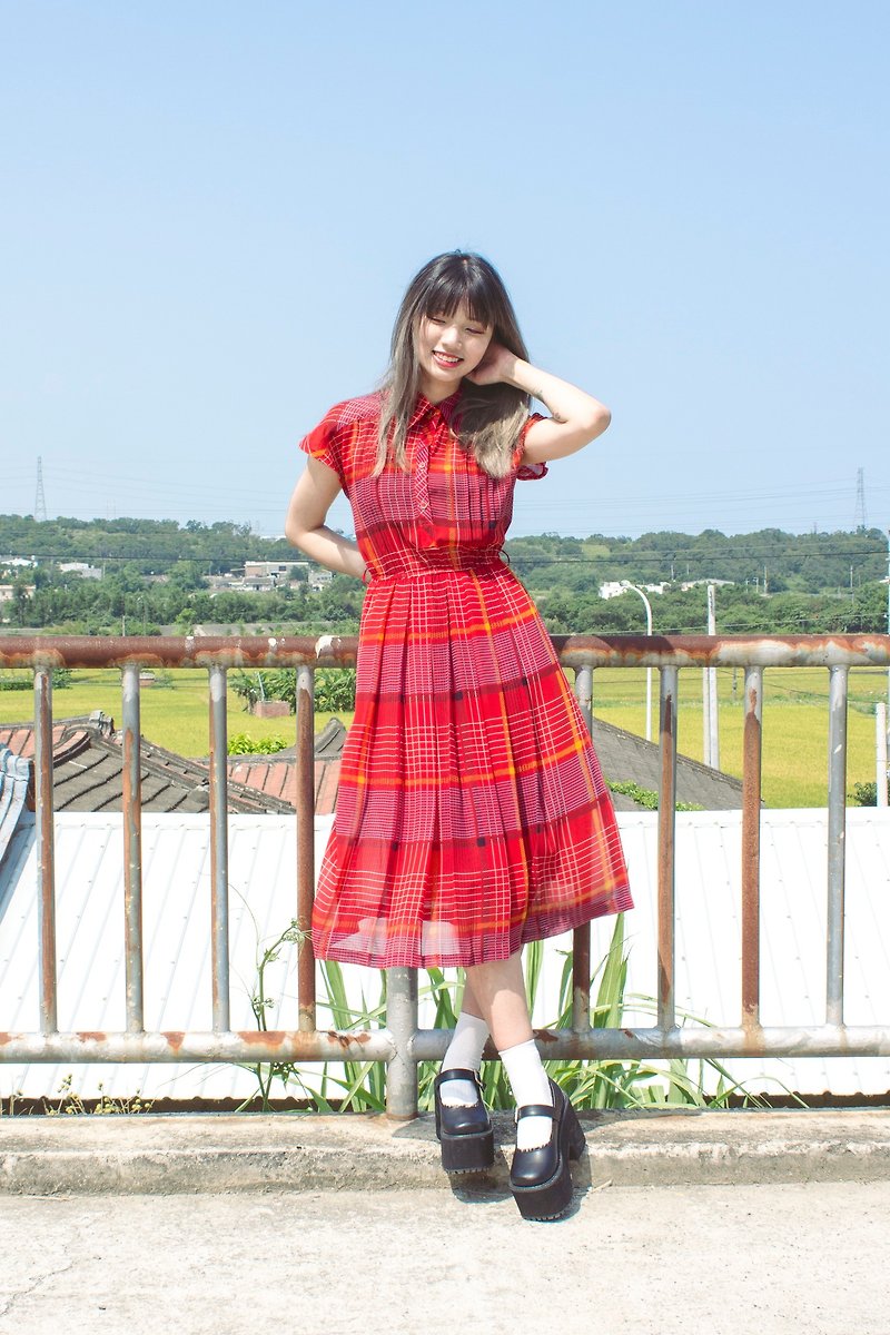 艸青古着 | Orange plaid half sleeve vintage dress - One Piece Dresses - Polyester Red