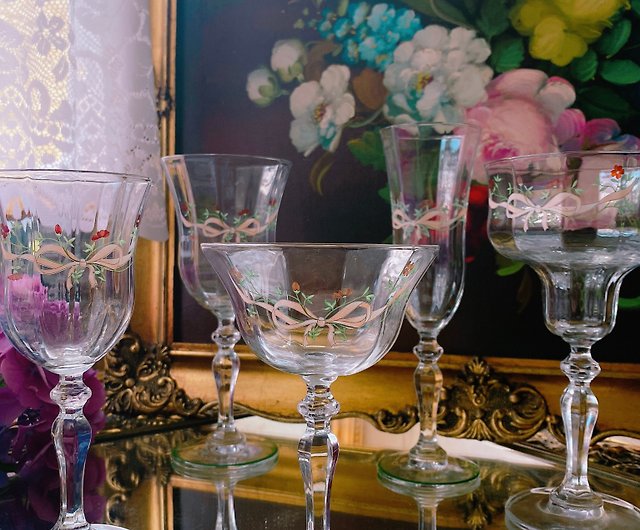 フランス製ハンドカットクリスタル彫刻弓赤と白のワイングラス、ジュースグラス、デザートグラス、シャンパングラス - ショップ Annie's  antiques その他 - Pinkoi