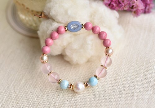 CaWaiiDaisy Handmade Jewelry 薔薇輝石+拉利瑪+粉晶+珍珠黃銅鍍金水晶手鍊