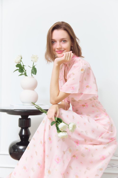 KEERATIKA Pink floral vintage maxi summer sundress Floral chiffon bridesmaid party dress