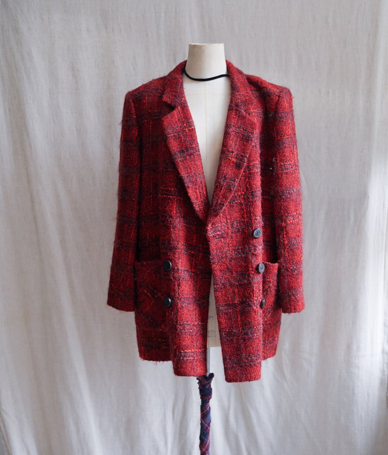 leilin 紅色格子毛料西裝外套中古古著外套 vintage - 女西裝外套 - 羊毛 紅色
