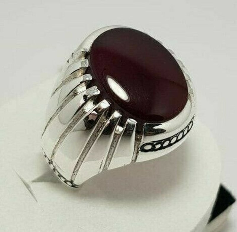 Blood Red Aqeeq Ring Akik Agate Jewelry 925 Sterling Silver Mens Stone Jewellery - 戒指 - 寶石 紅色