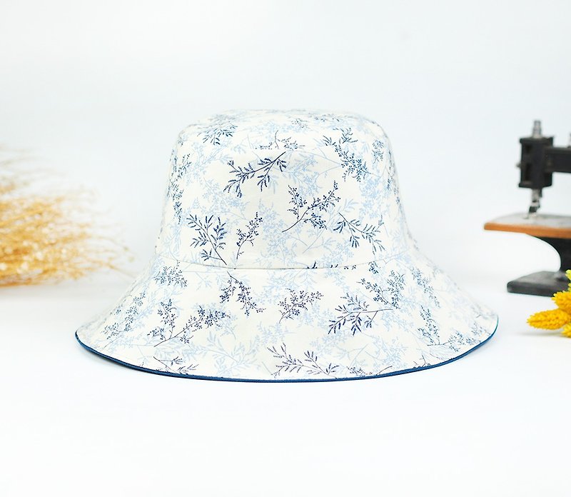 手作りの両面帽子サンハット漁師の帽子カスタム新鮮な野生[インディゴ葉の森] [BF  -  06]母の日の贈り物 - 帽子 - コットン・麻 ホワイト