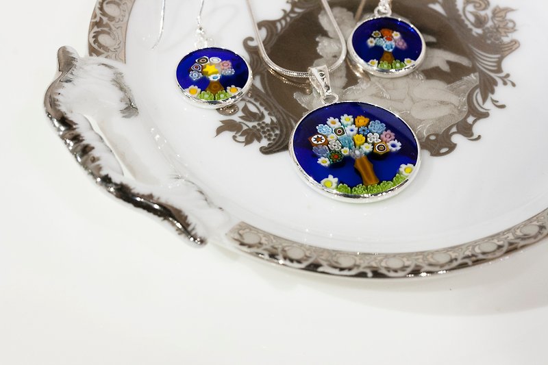ITA BOTTEGA【Made in Italy】MURANO Life Tree Pendant Earrings Set - Necklaces - Glass Blue