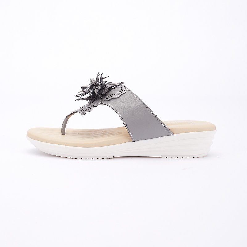 Large size women's shoes 41-45 summer flower leather platform slippers 4cm gray - รองเท้ารัดส้น - หนังแท้ สีเทา