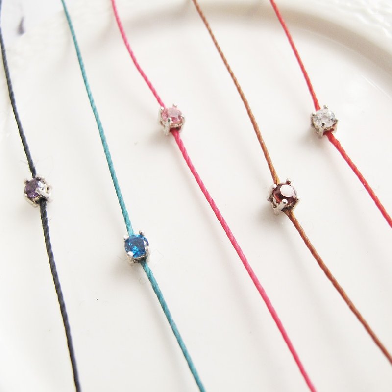 [Hand-knitted Wax thread] small single diamond | sterling silver Stone extra-fine lucky Wax thread bracelet | - สร้อยข้อมือ - เงินแท้ หลากหลายสี