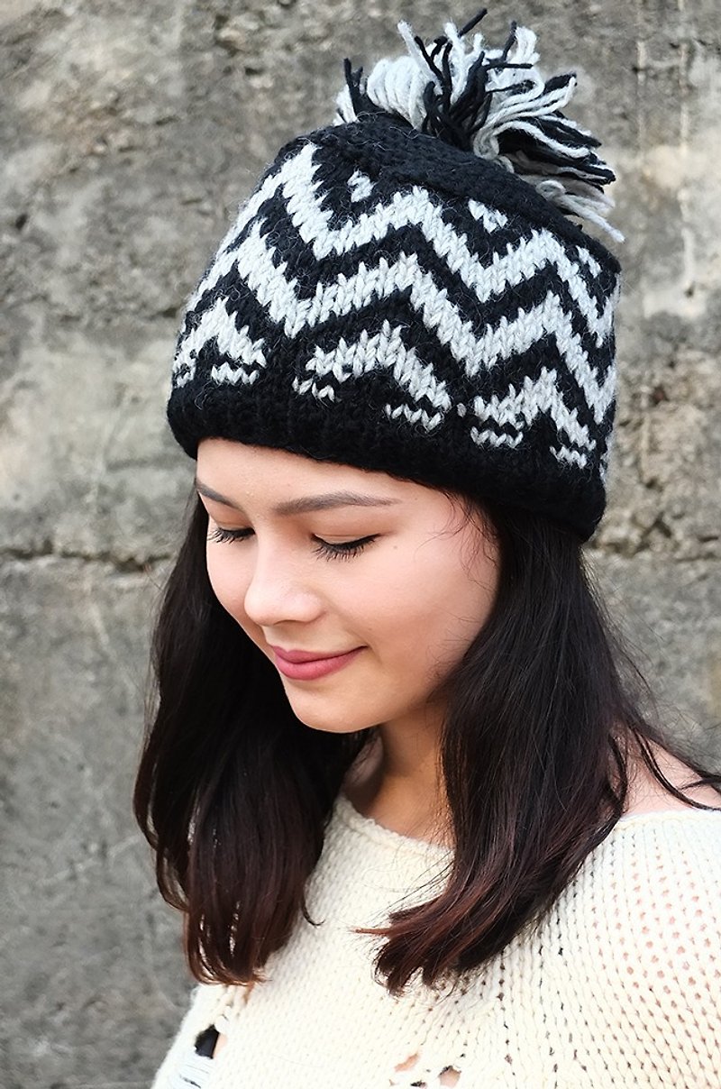 Handmade Hand Knit Wool Beanie Hat with Pompom V Stripe Black+White - Hats & Caps - Wool Black