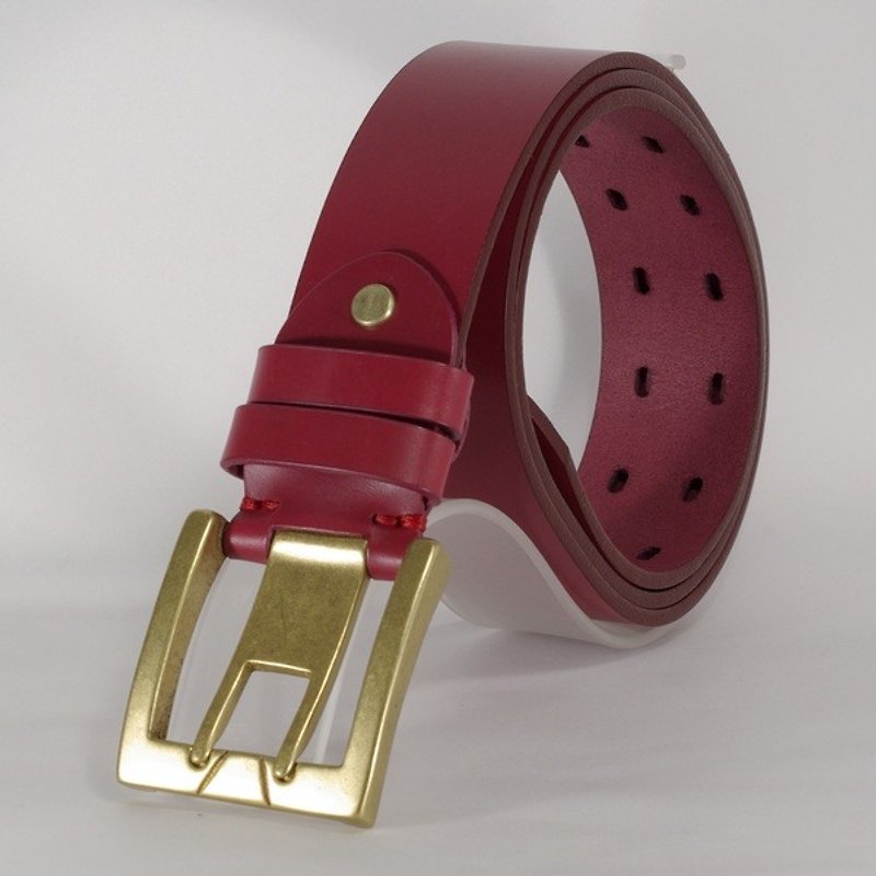 Handmade belt men's and women's genuine leather wide belt wine red L free custom lettering service - เข็มขัด - หนังแท้ สีแดง