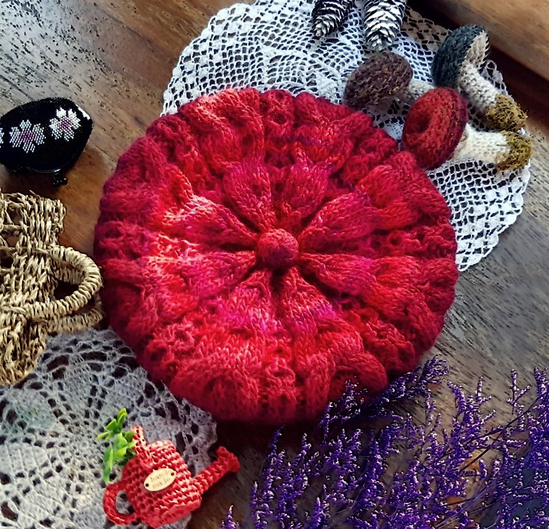 ChiChi Handmade-Hemp Flower Beret-Knitted Woolen Hat - Hats & Caps - Wool Red