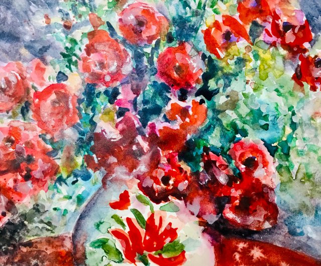 油絵 専用 赤いテーブルに置いた花瓶 抽象画 油絵 専用 赤いテーブルに