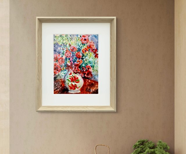 花瓶の中の赤い花のオリジナル水彩画 - ショップ Ka-gan.art