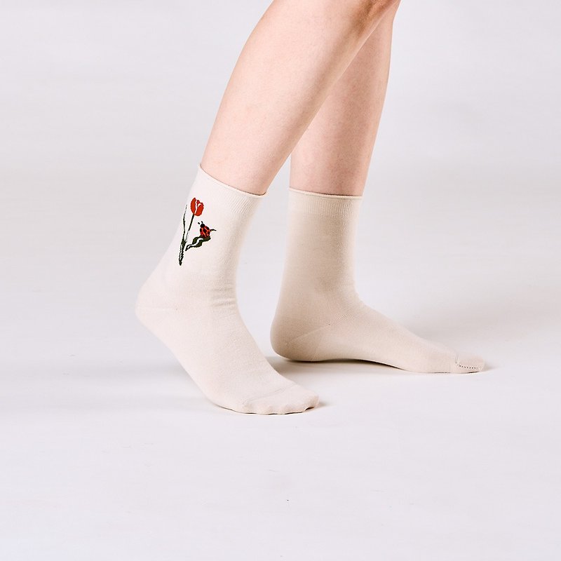 Tulip 1:1/white/ embroidered socks - ถุงเท้า - ผ้าฝ้าย/ผ้าลินิน ขาว