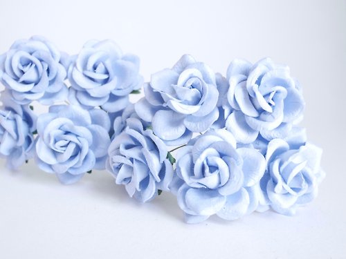 makemefrompaper Paper Flower, 25 pieces mulberry rose size 3.5 cm. curve petals, pale blue color