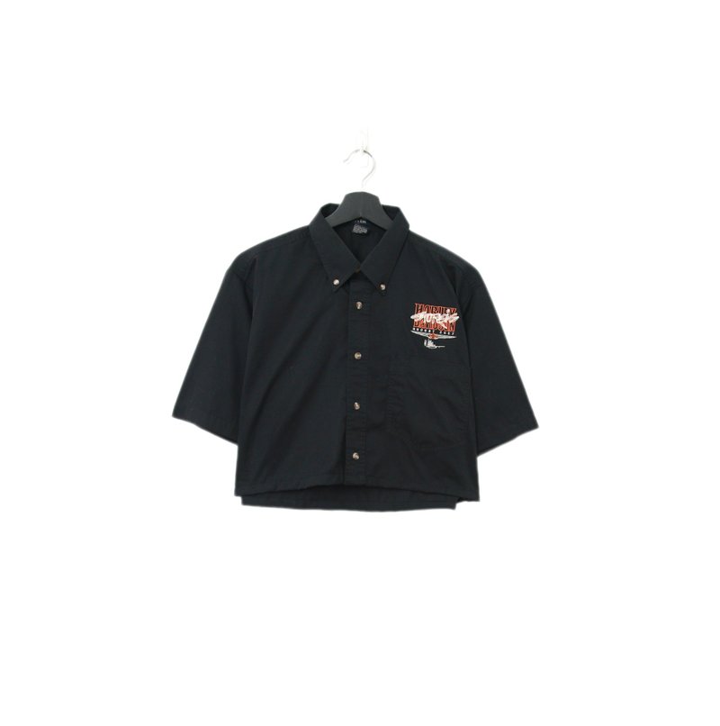 Back to Green-再製短板刺繡襯衫 亮橘字體 wt-18//vintage shirt - 女襯衫 - 棉．麻 