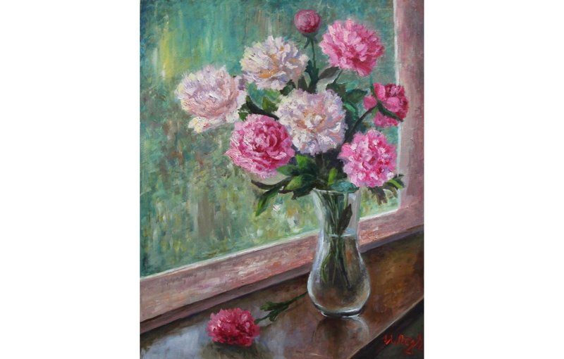 Peony Painting Floral Original Art Flowers artwork Bouquet in vase wall art - โปสเตอร์ - วัสดุอื่นๆ หลากหลายสี